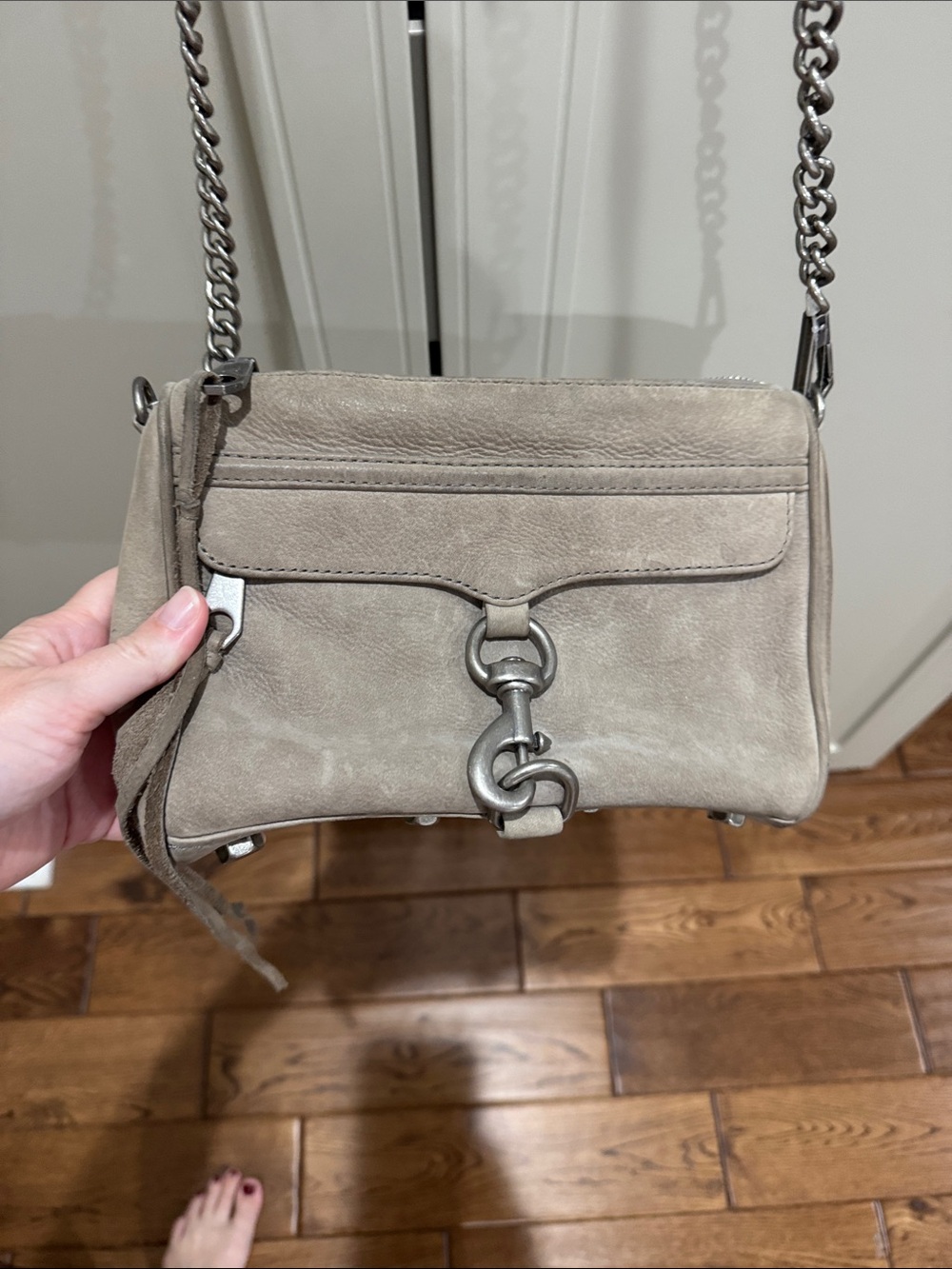 Rebecca Minkoff Taupe Suede Mini Crossbody with Gunmetal Hardware